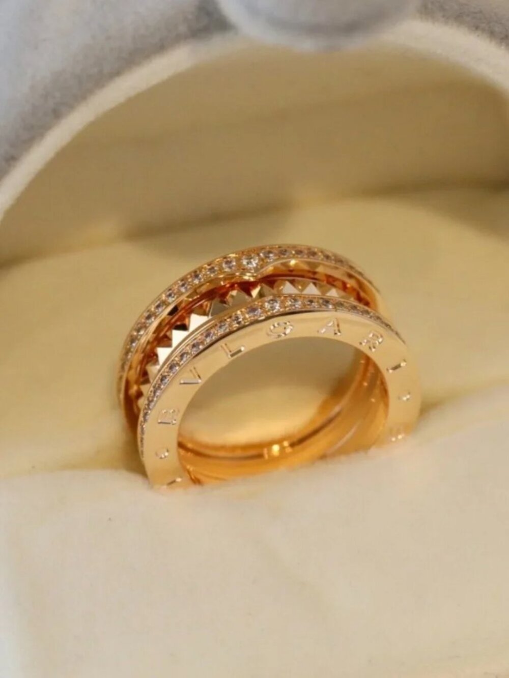 Bulgari Gold Pyramid Stack Ring with CrystalPave
